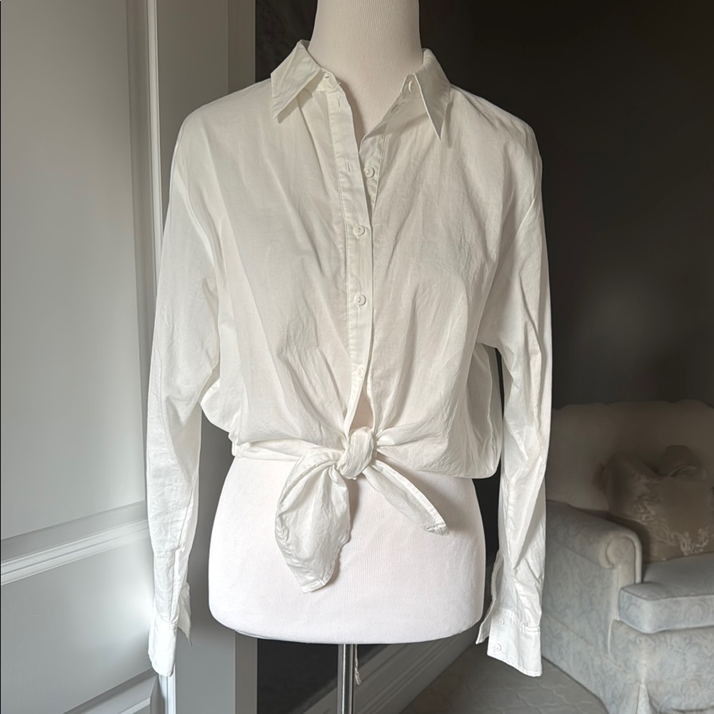 ba&sh Button Down Shirt White Cotton Long Sleeve Tie Front Elastic Back Sz 2